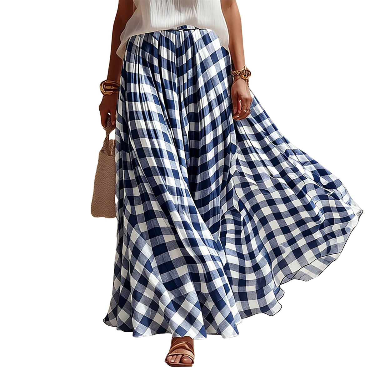 Women Vintage Checkered Plaid Maxi Skirt High Waisted Flowy A Line Casual Long Skirt