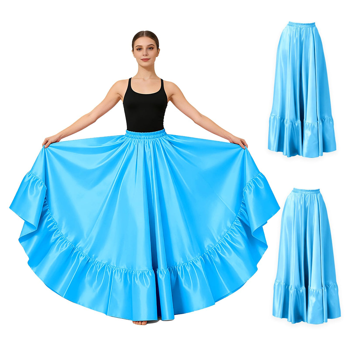 2PC Satin Ruffle Ankle Long Skirt for Women Full Circle Belly Dance Skirt Women Maxi Skirt for Praise and Folklorico Dance