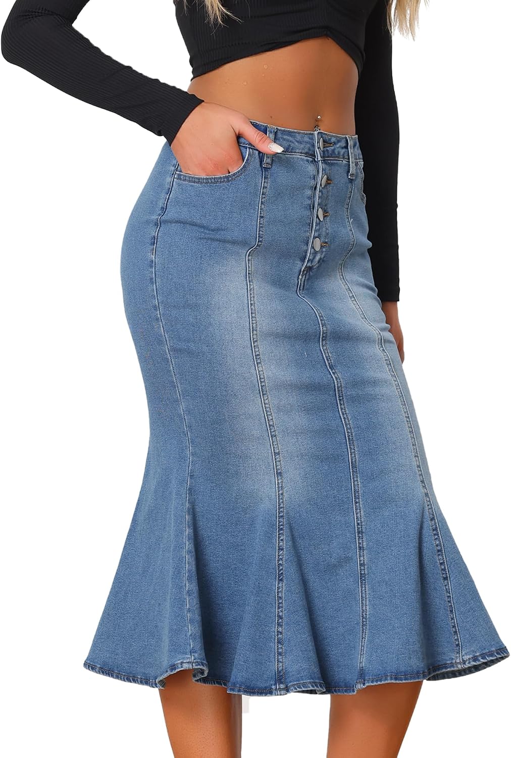 Allegra K Denim Skirt for Women Fishtail Midi Jean Skirts