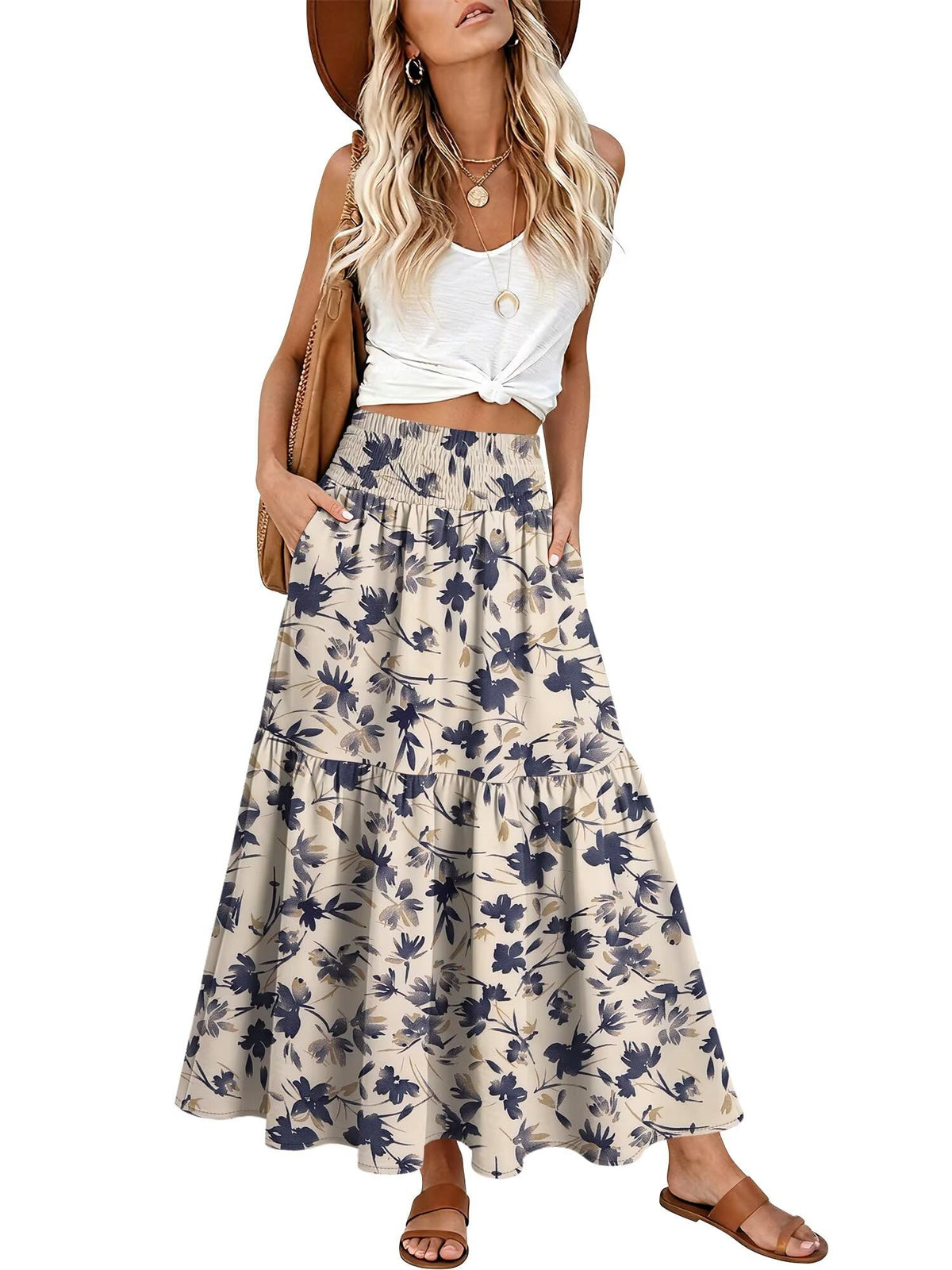 StunShow Women's Maxi Skirts Boho High Waisted Flowy A Line Pleated Beach Long Skirt with Pockets(S-XXL)