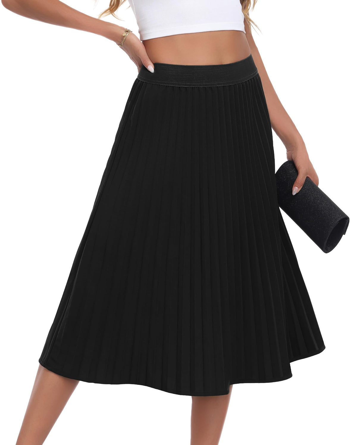 CZYINXIAN Pleated Midi Skirts for Women Elastic High Waist A-Line Skirt