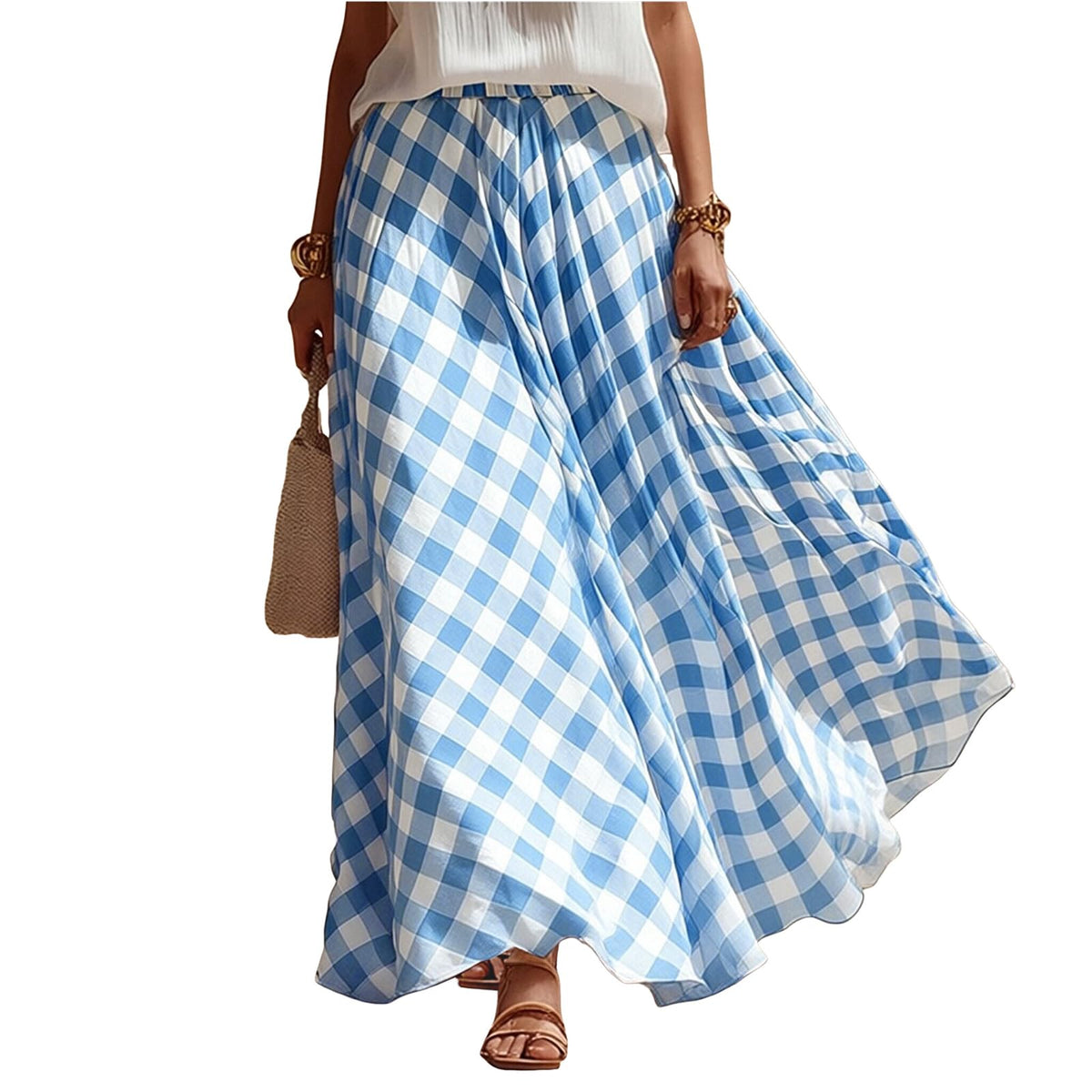 Women Vintage Checkered Plaid Maxi Skirt High Waisted Flowy A Line Casual Long Skirt