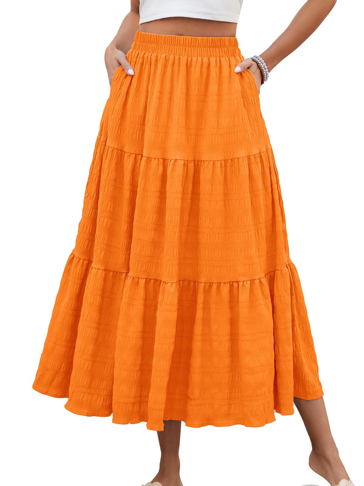 HUSKARY Women's Summer Casual Elegant Smock Layered Tiered Maxi Skirt High Waisted A Line Flowy Long Skirts with Pockets