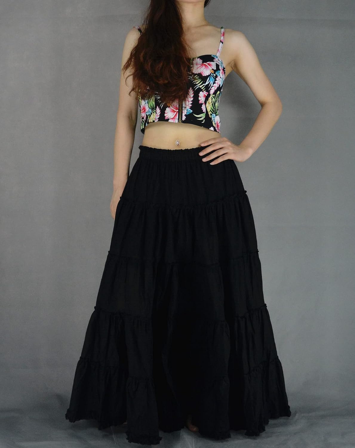 Women's Maxi Skirt Boho Pleated Cotton 5 Tiered Long A-Line Dance Skirts