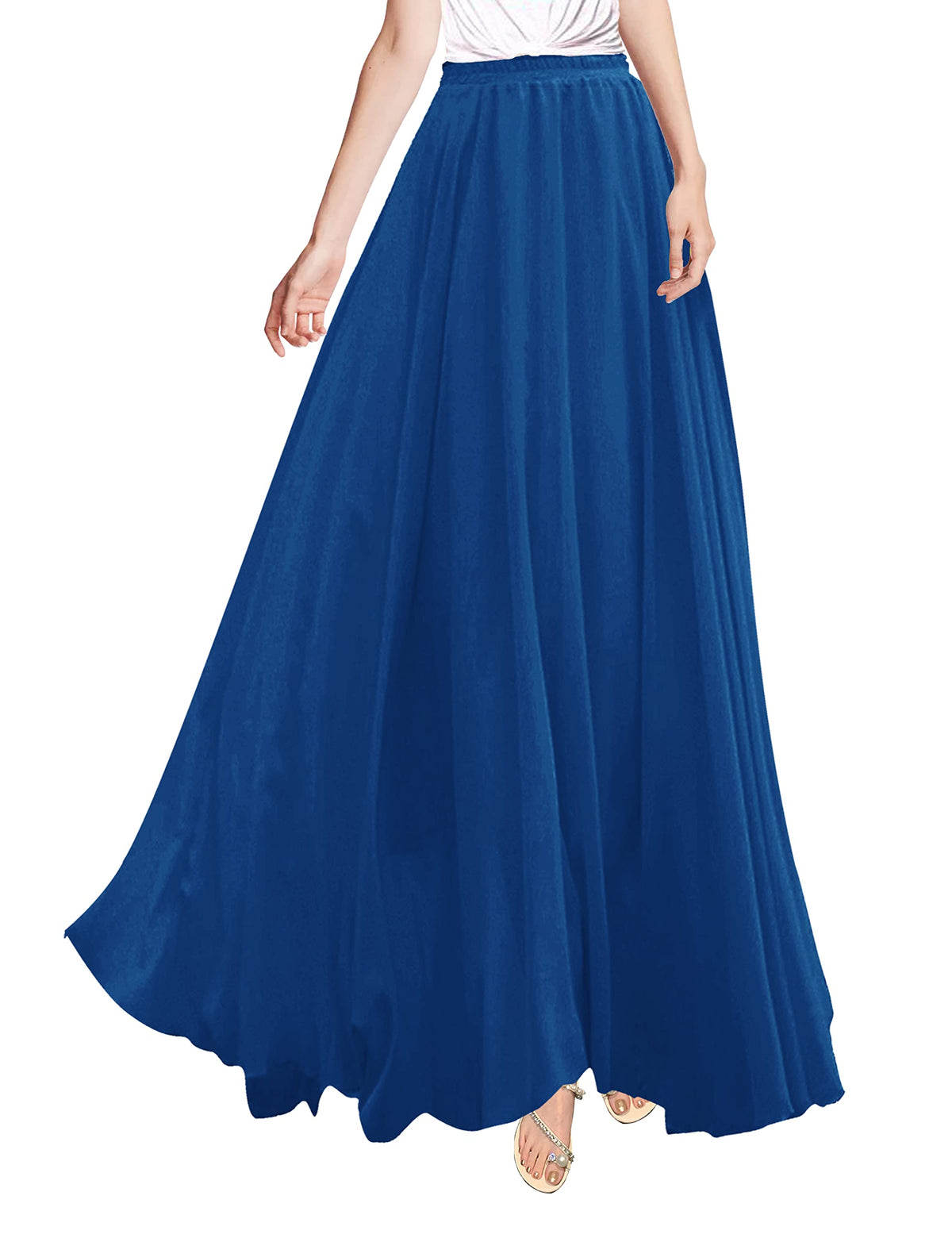 v28 Women Full/Ankle Length Elastic Pleated Retro Maxi Chiffon Long Skirt