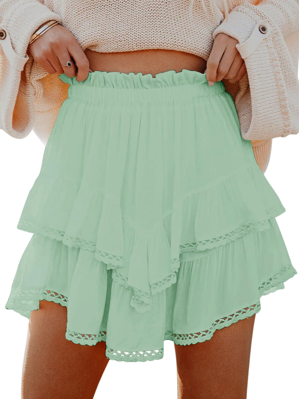 Aoudery Flowy Shorts for Women Casual Boho Ruffle Tiered Skorts High Waist Mini Skirts Golf Tennis Crochet Shorts