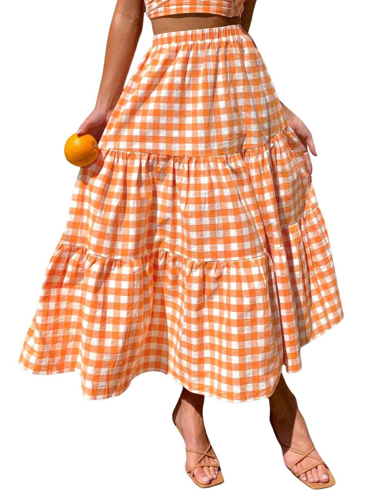 ebossy Women's Candy Color Slim Fit Elastic High Waist Plaid Gingham Tiered Flowy Boho Maxi Skirts with Pockets