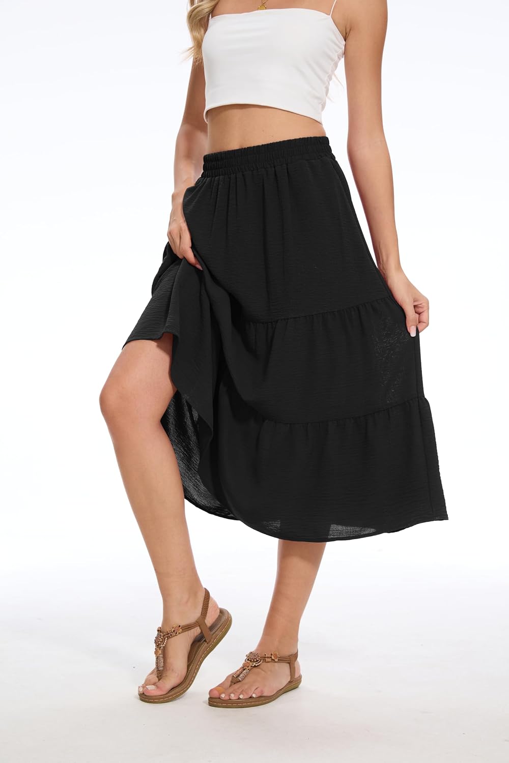 Women's Summer Midi Tiered Flowy High Waist A-Line Casual Skirts