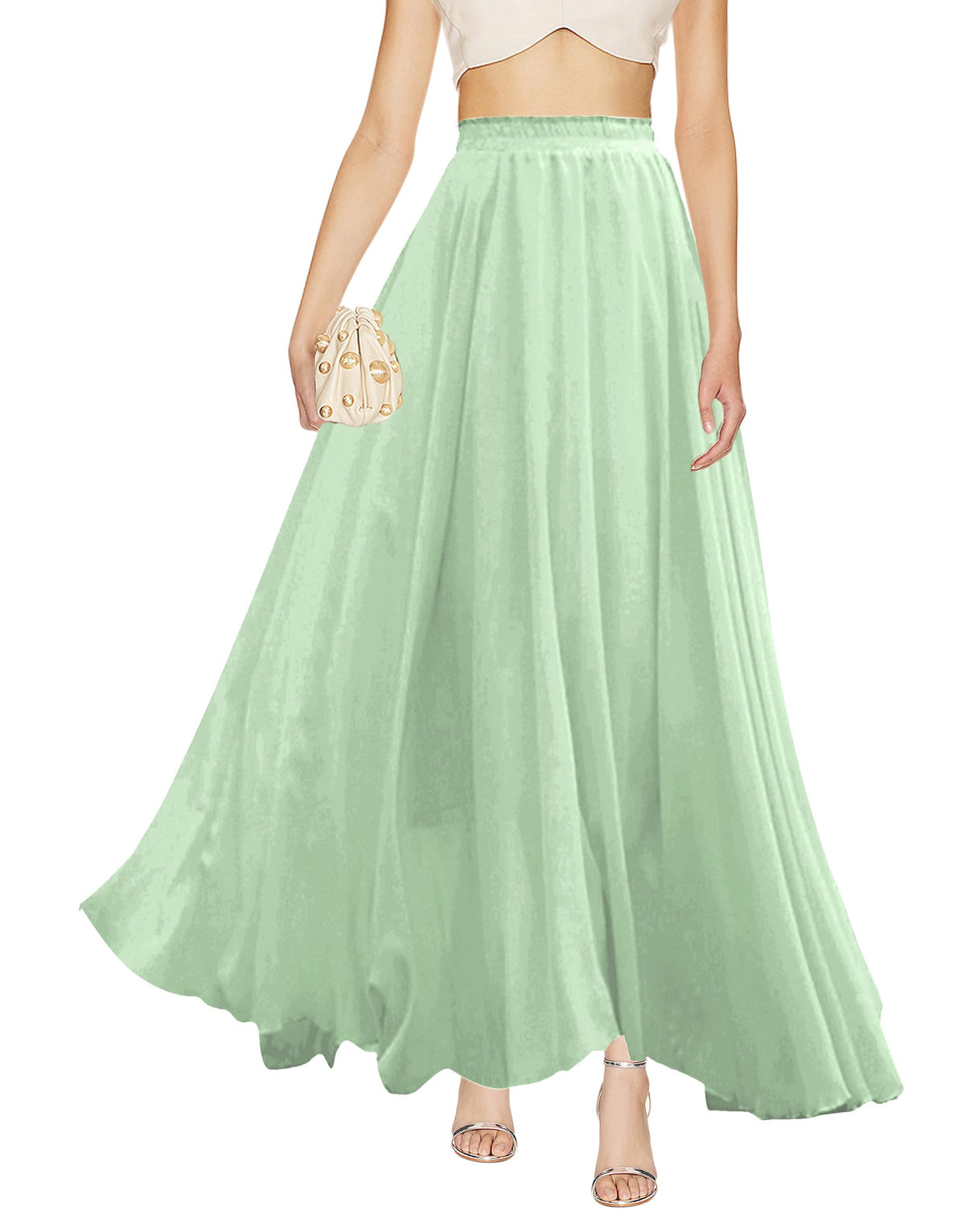 v28 Women Full/Ankle Length Elastic Pleated Retro Maxi Chiffon Long Skirt
