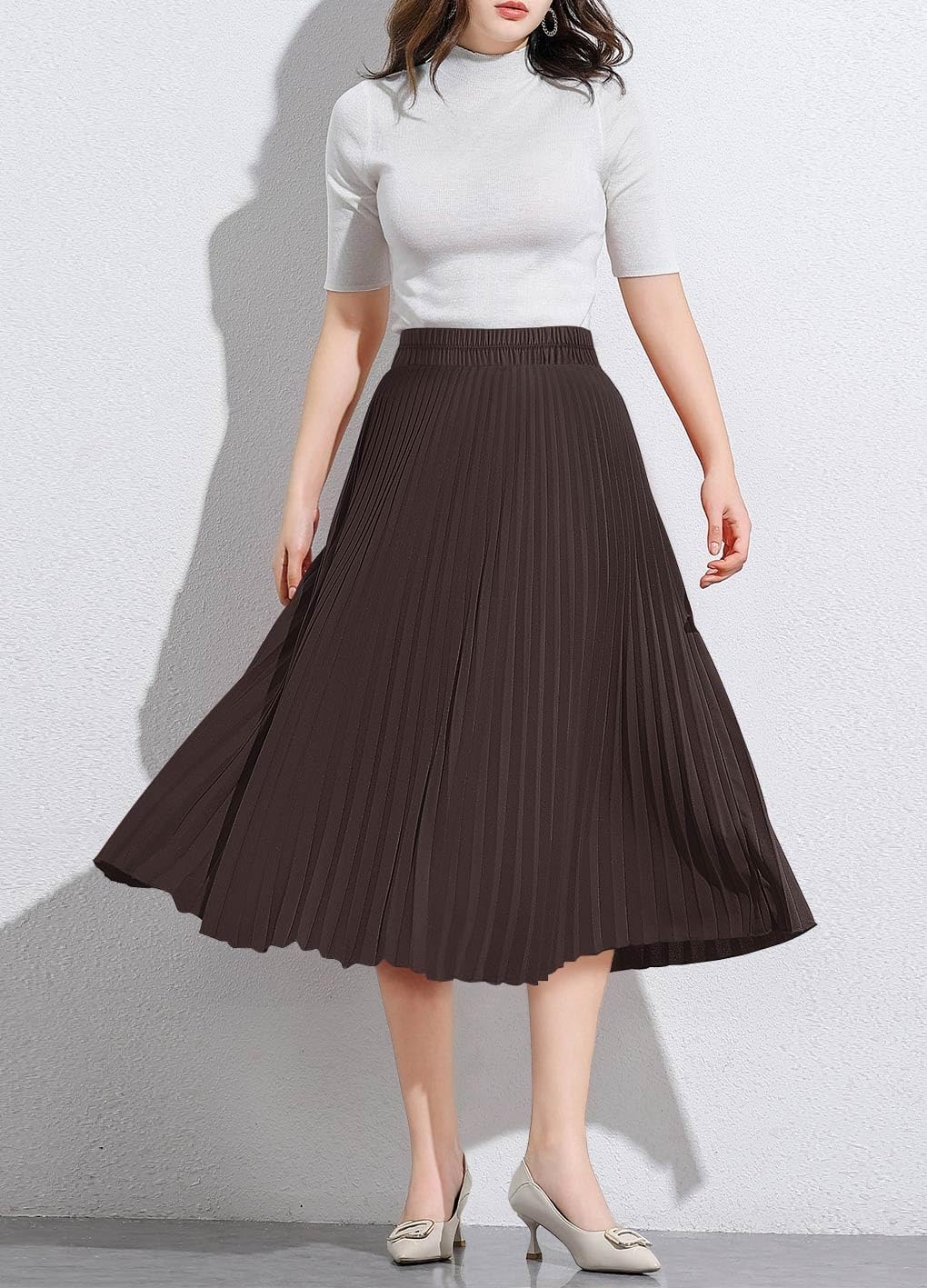 Basoteeuo Womens Skirt Leopard Print Midi Long Shirring Pleated Skirts High Waisted A Line Skirts
