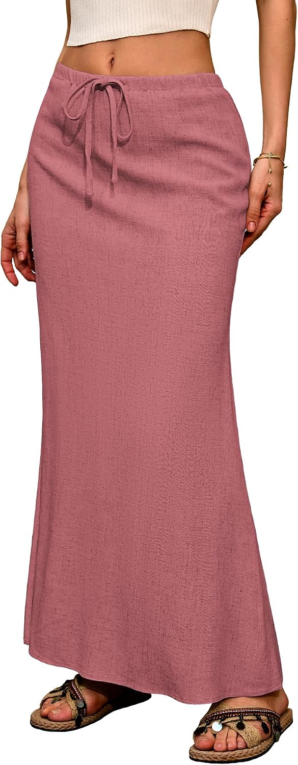 ELLEVEN Linen Flared Maxi Skirt, Boho Flowy Ankle-Length Skirts for Women