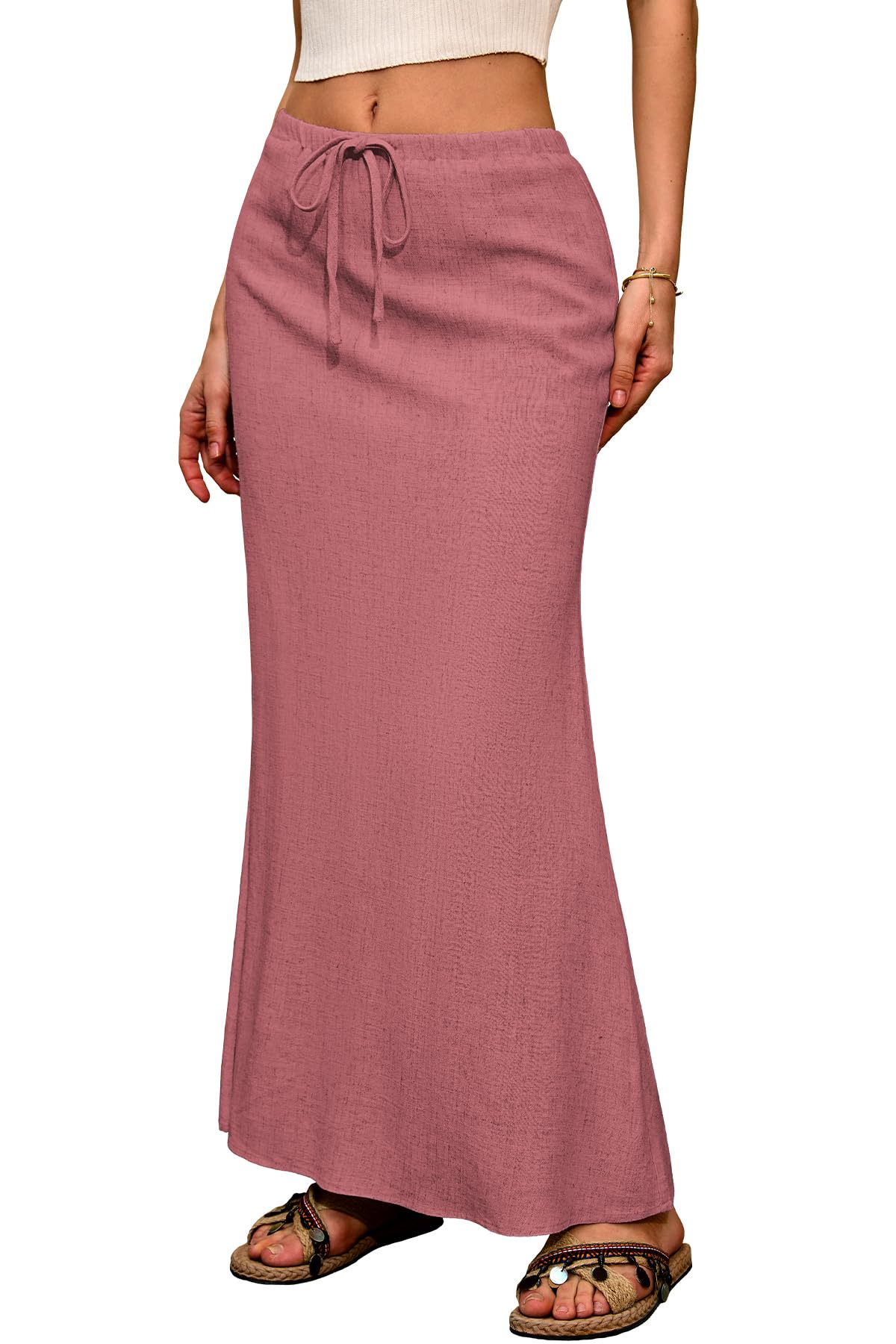 ELLEVEN Linen Flared Maxi Skirt, Boho Flowy Ankle-Length Skirts for Women