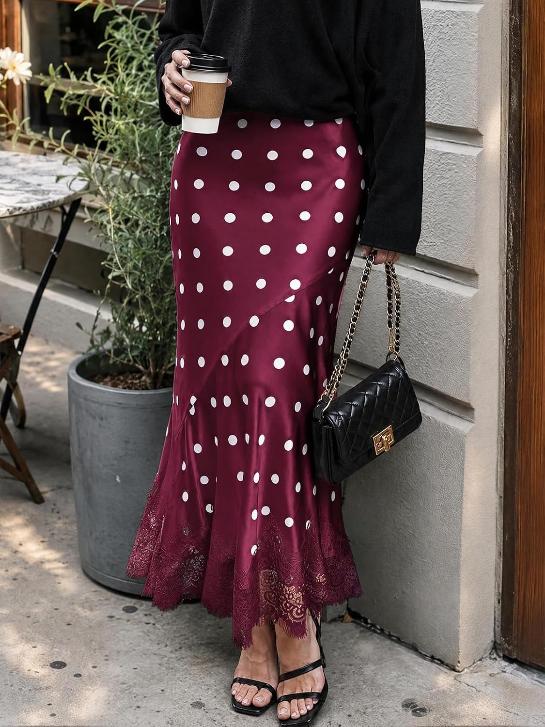 Tankaneo Womens Satin Skirt Polka Dot Silk Lace Trim Mermaid Maxi Skirt