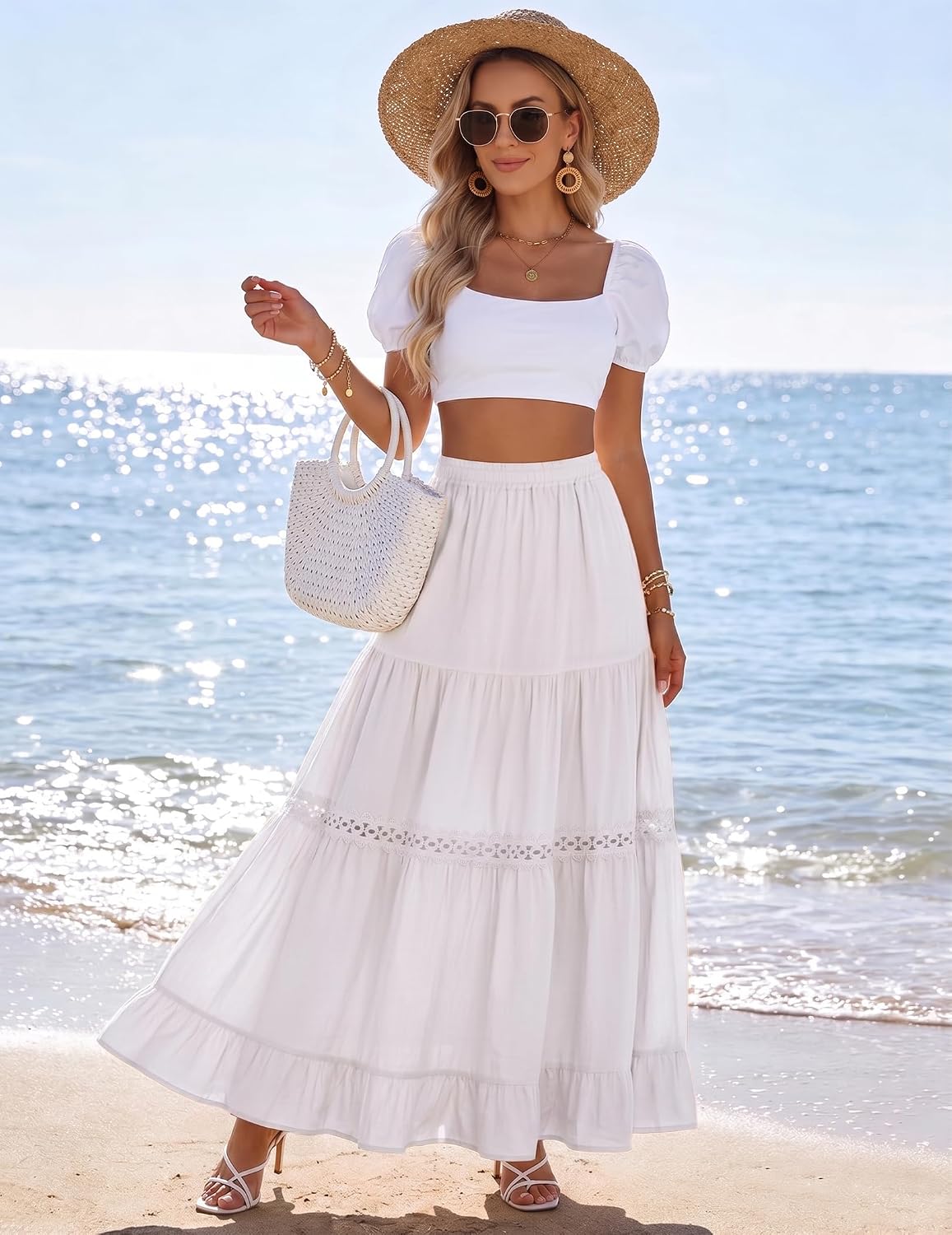 Womens Long Maxi Cotton Summer Boho Tiered A Line Skirts
