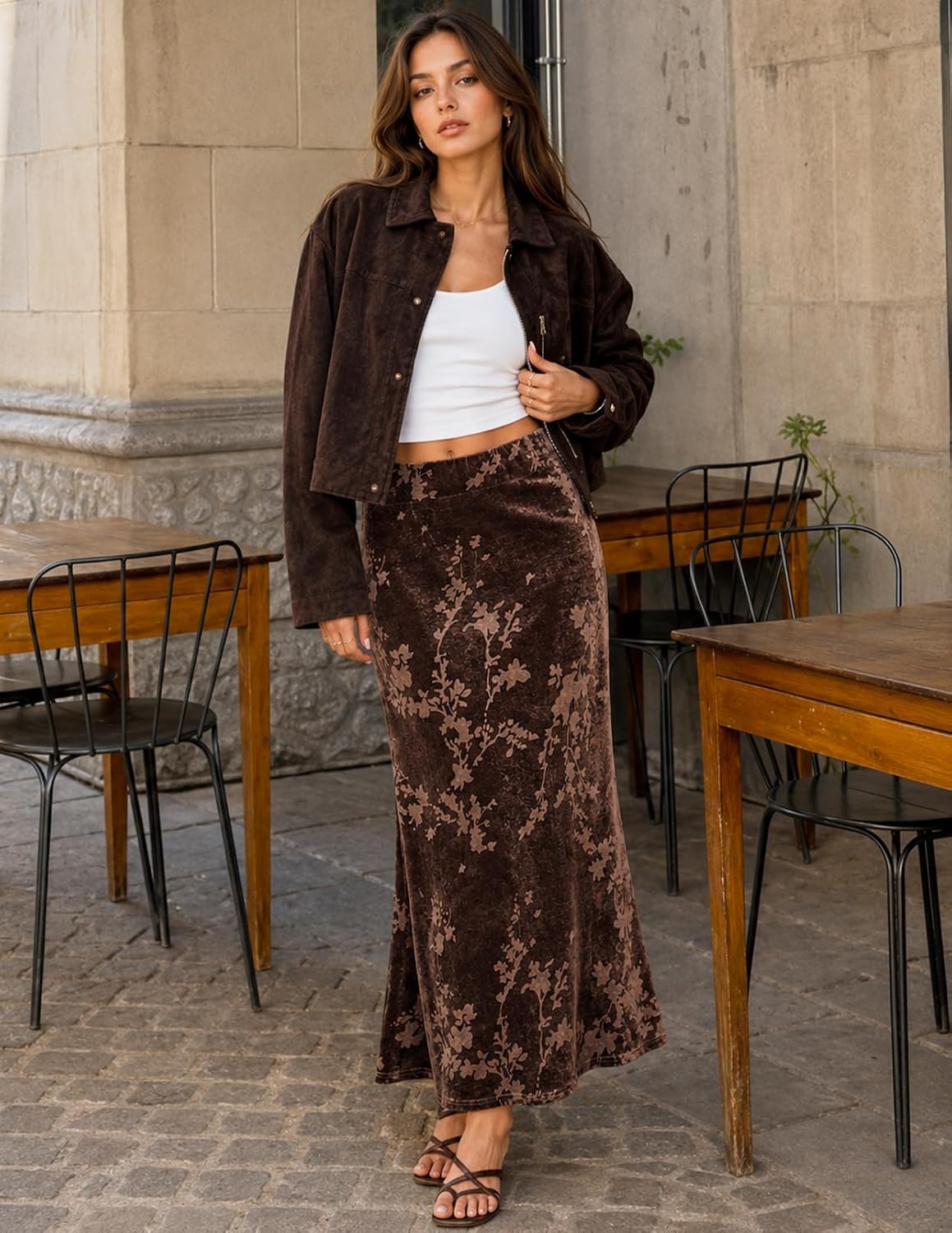 MEROKEETY Women's Fall Floral Velvet Maxi Skirt