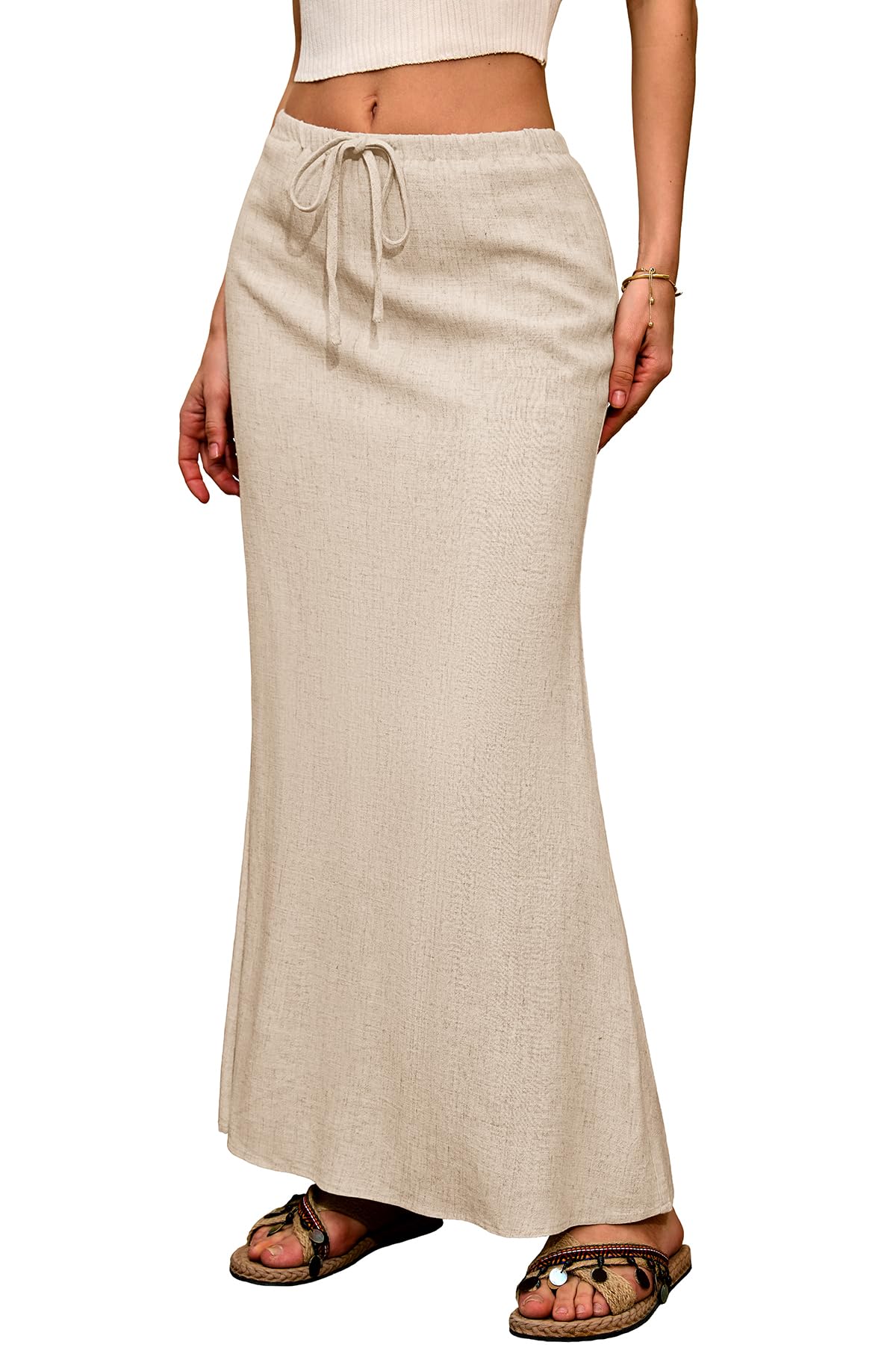 ELLEVEN Linen Flared Maxi Skirt, Boho Flowy Ankle-Length Skirts for Women