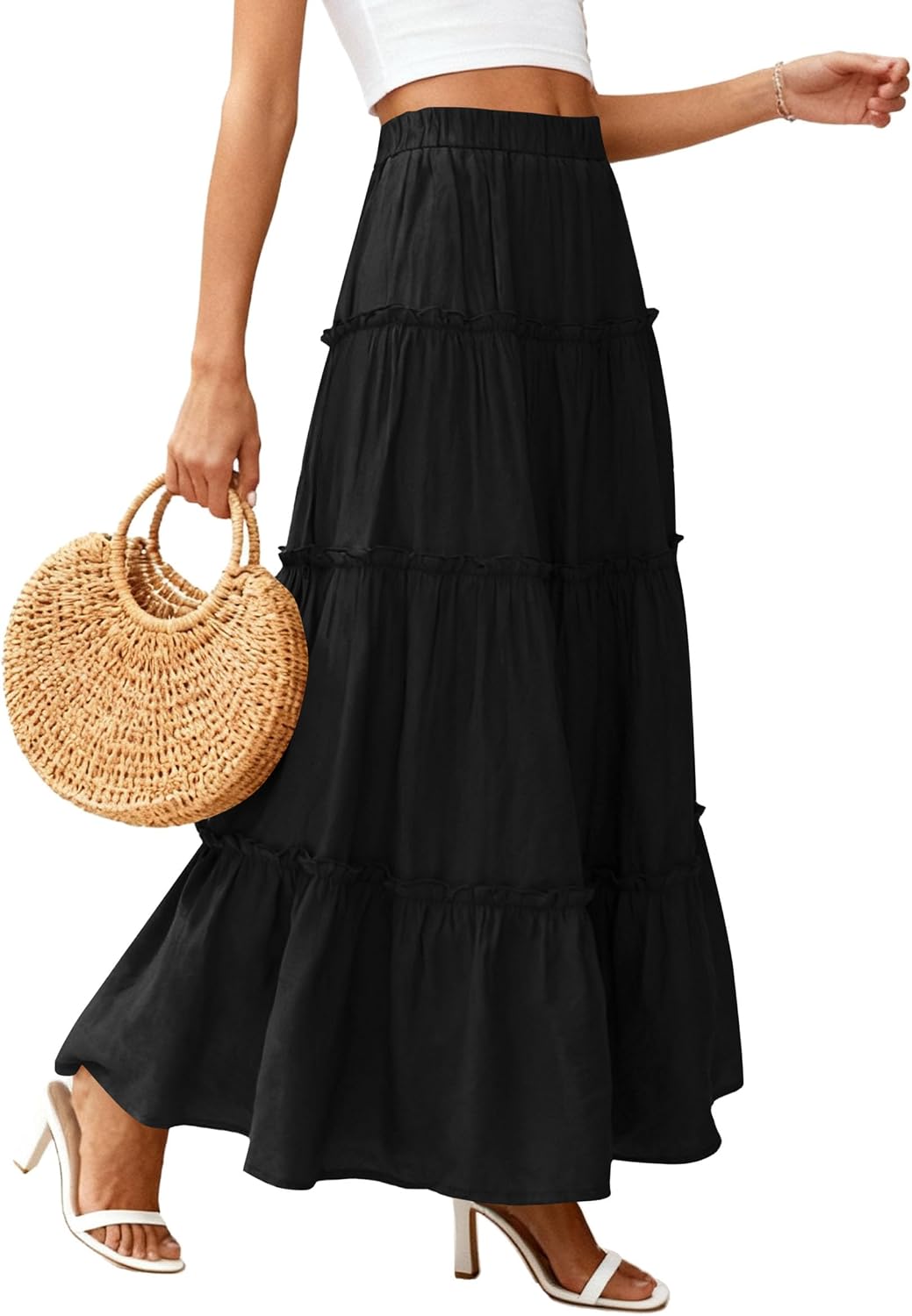 PRETTYGARDEN Women's Boho Tiered Ruffle Flowy Maxi Skirt