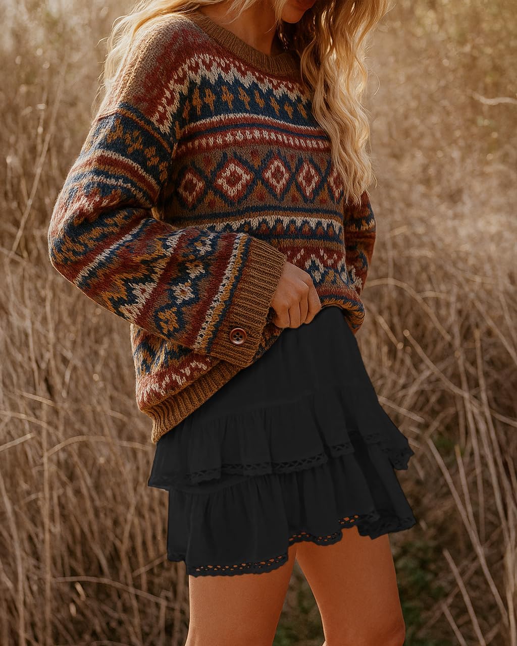 Lepunuo Boho Shorts for Women High Waisted Ruffle Tiered Flowy Skirts with Shorts Underneath Western Skorts