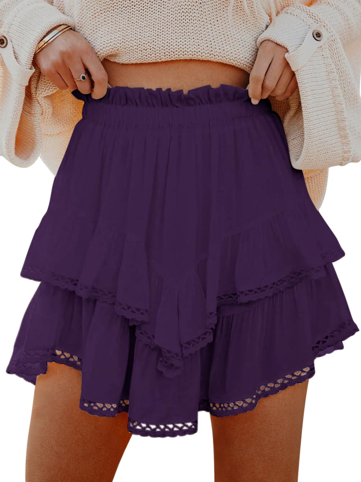 Aoudery Flowy Shorts for Women Casual Boho Ruffle Tiered Skorts High Waist Mini Skirts Golf Tennis Crochet Shorts