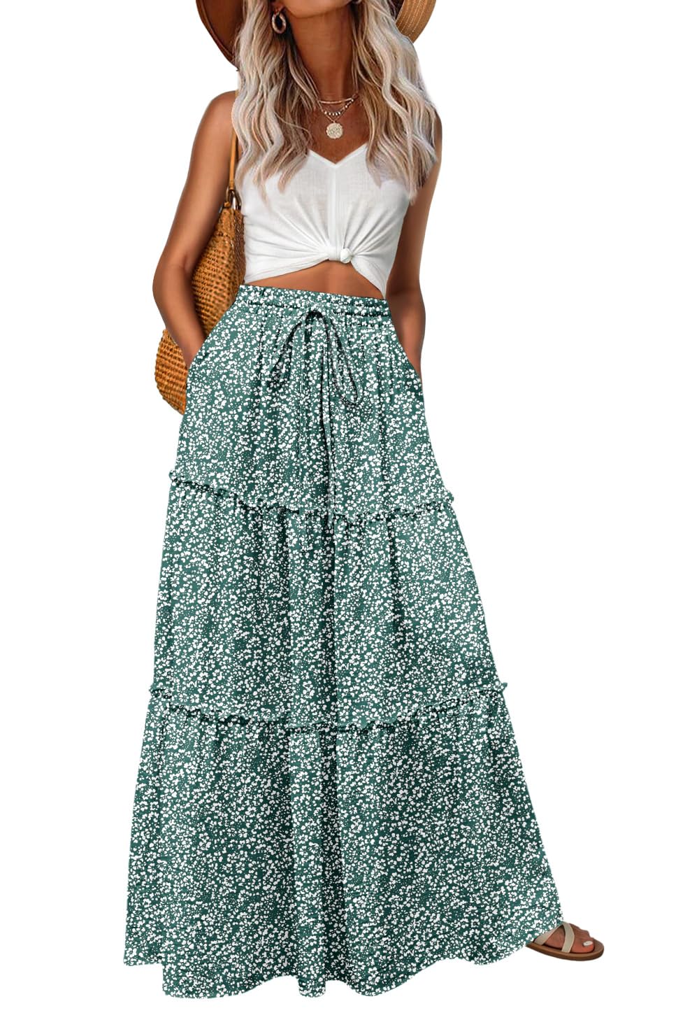 Lepunuo Womens Casual Boho High Waisted Flowy Maxi Skirts Tiered Floral Long Skirts with Pockets for Summer Beach Vacation