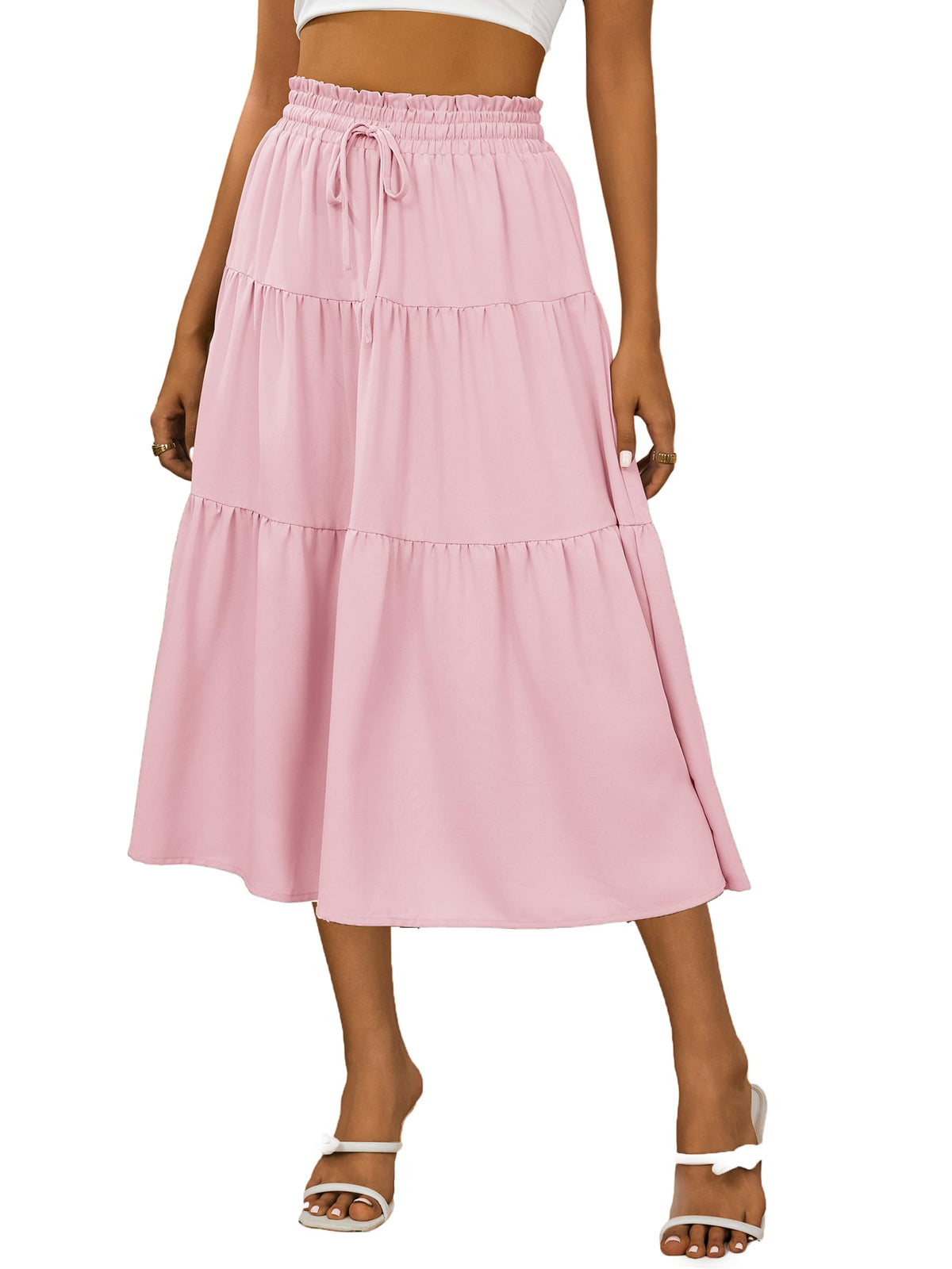 Anbech Womens Boho Midi Skirts A-Line Casual Flowy Elastic High Waist