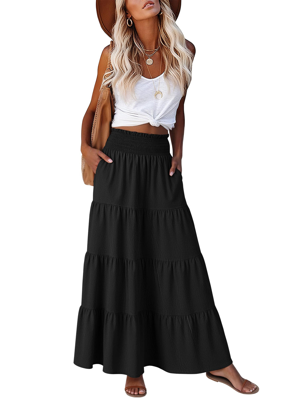 ANRABESS Womens Maxi Skirts, Elastic High Waist A-Line Tiered, Long Flowy Boho Skirts, Summer Casual Beach & Vacation Wear