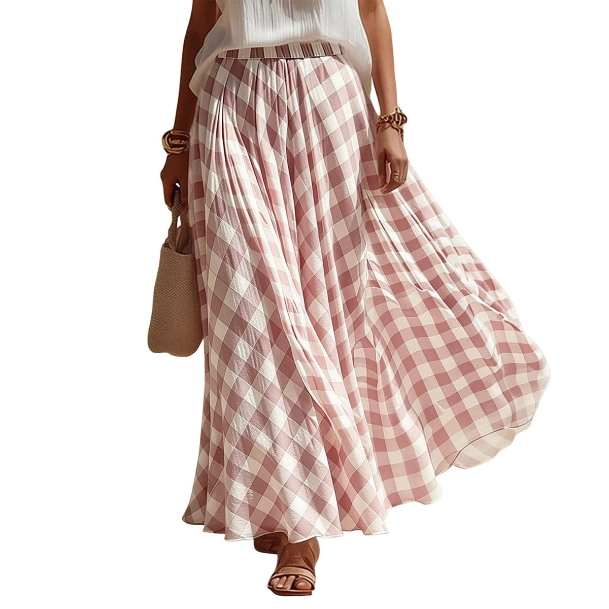 Women Vintage Checkered Plaid Maxi Skirt High Waisted Flowy A Line Casual Long Skirt