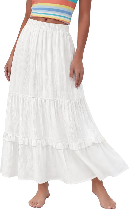 Annebouti 2026 Spring Summer Elastic Waisted Ruffle Long Skirt Flowy Tiered A-Line Maxi Skirts for Women