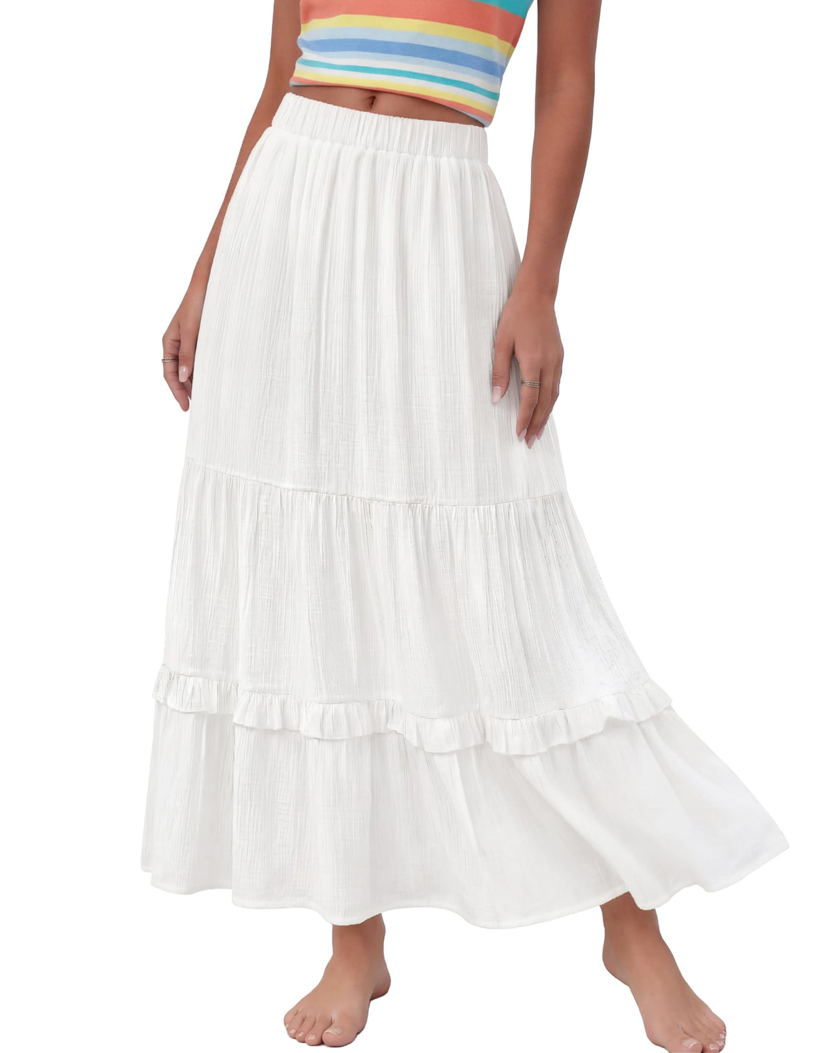 Annebouti 2026 Spring Summer Elastic Waisted Ruffle Long Skirt Flowy Tiered A-Line Maxi Skirts for Women