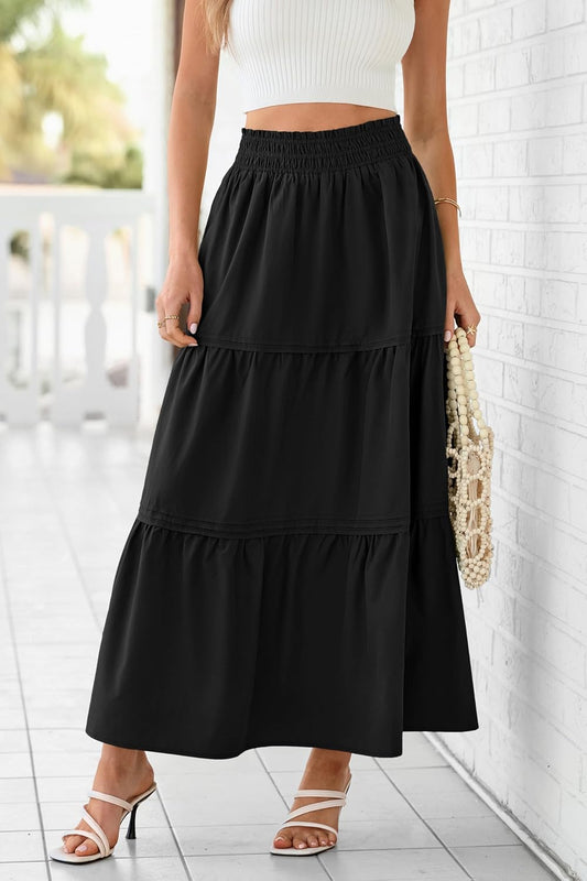 MASCOMODA Casual Long Skirts for Women Boho Swing A Line High Waisted Tiered Flowy Maxi Skirt with Pockets Beach Summer 2026