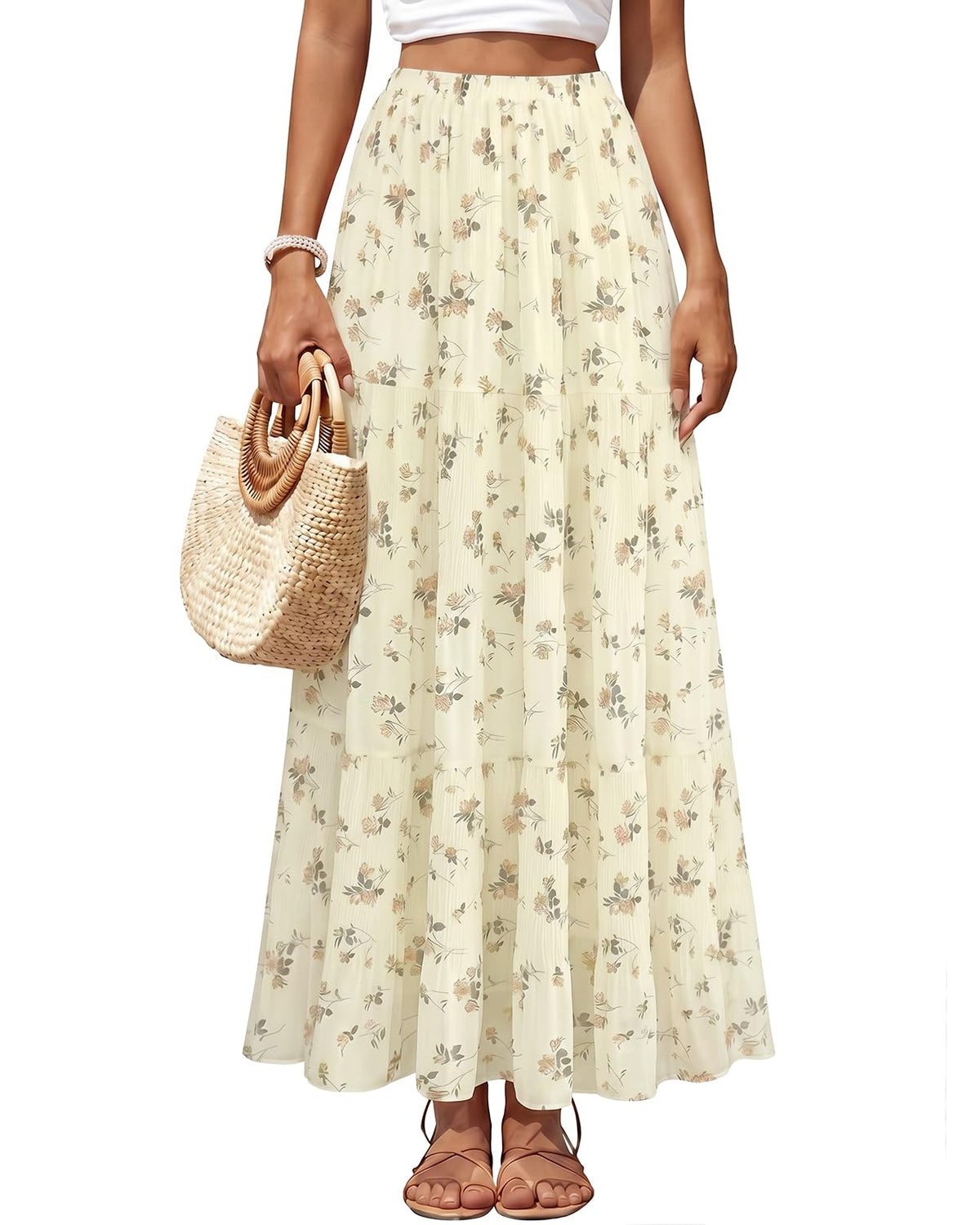 Women's Chiffon Pleated Maxi Skirt High Waist White Long Skirts