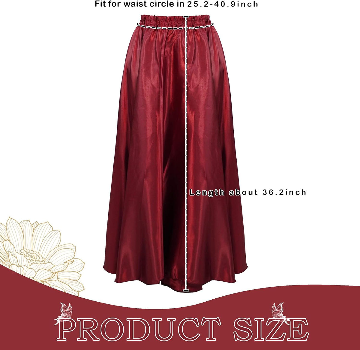MUNAFIE Women's Maxi Satin Skirt, Long Flowy Belly Dance Skirt for Praise Dance, Fairy Costume, Elastic Waist
