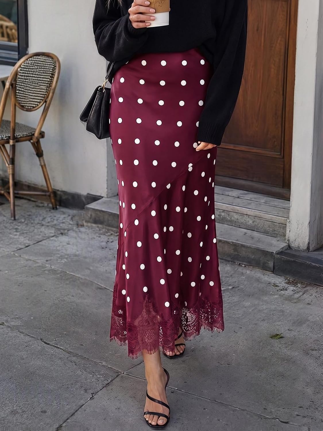 Tankaneo Womens Satin Skirt Polka Dot Silk Lace Trim Mermaid Maxi Skirt