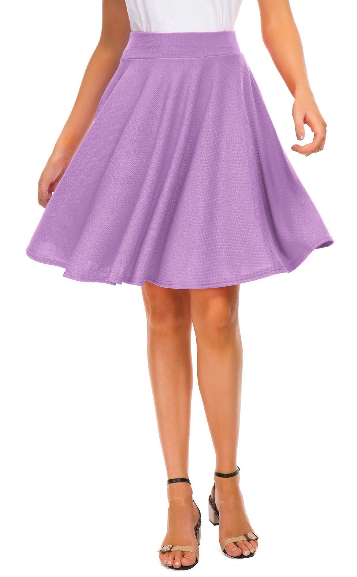 EXCHIC Women's Casual Stretchy Flared Mini Skater Skirt Basic A-Line Pleated Midi Skirt