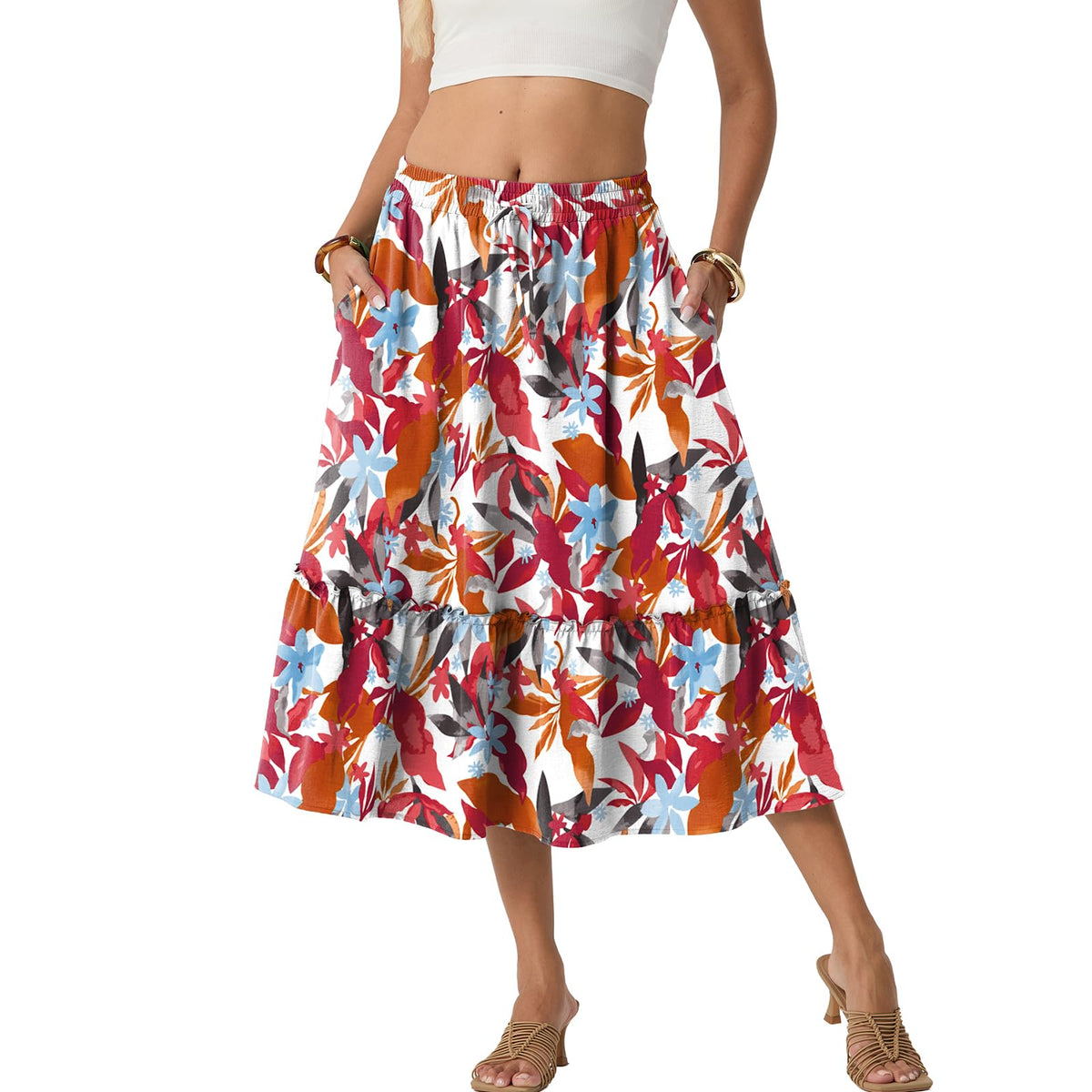 FREEOAK Skirts for Women High Waisted Tiered A Line Midi Skirt Knee Length Summer Skirts Drawstring with Pockets