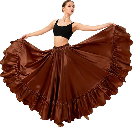 Satin Belly Dance Skirt for Women Maxi Midi Dress Circle Skirt Elastic Waist Stage Performance Holiday Party Dance Skirts