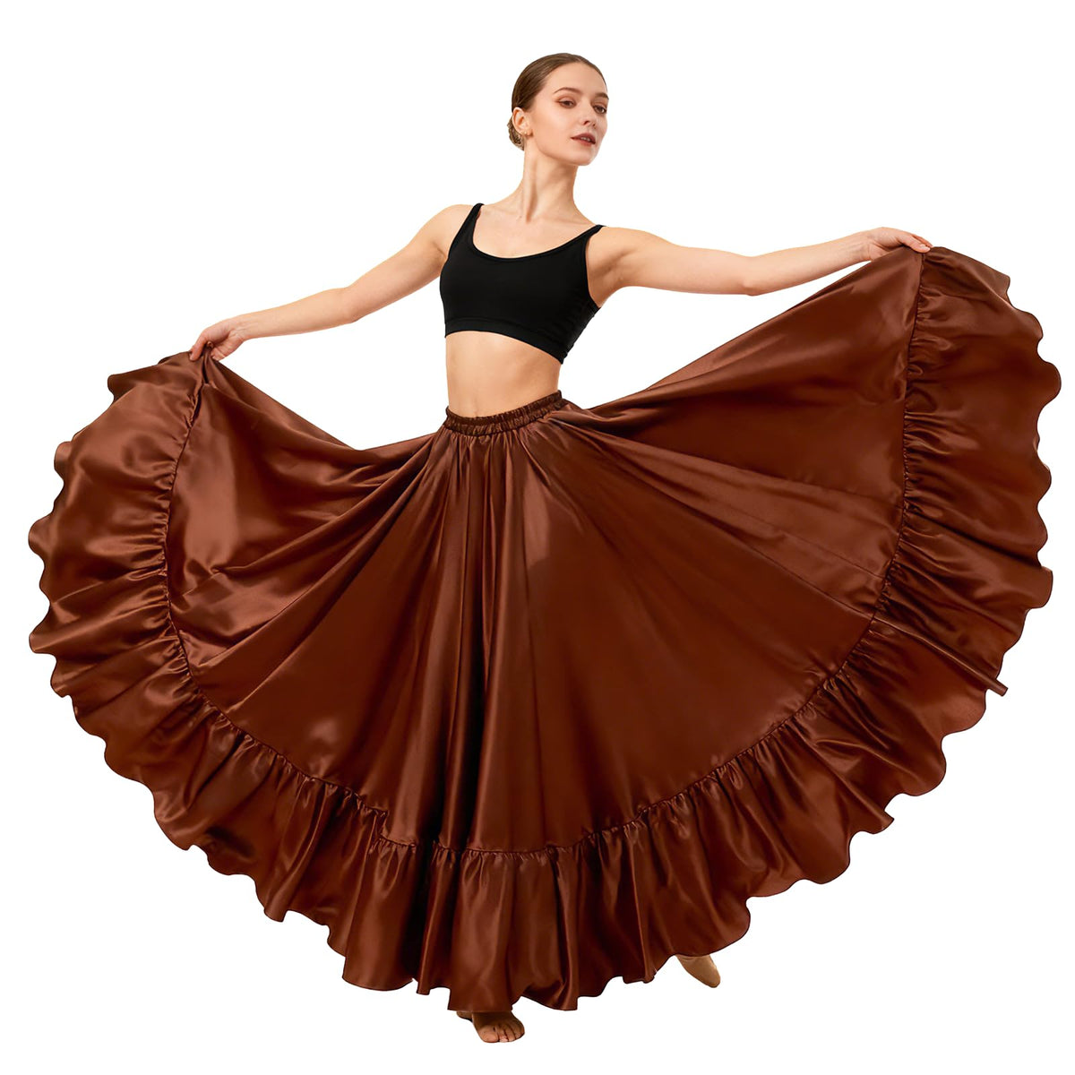 Satin Belly Dance Skirt for Women Maxi Midi Dress Circle Skirt Elastic Waist Stage Performance Holiday Party Dance Skirts