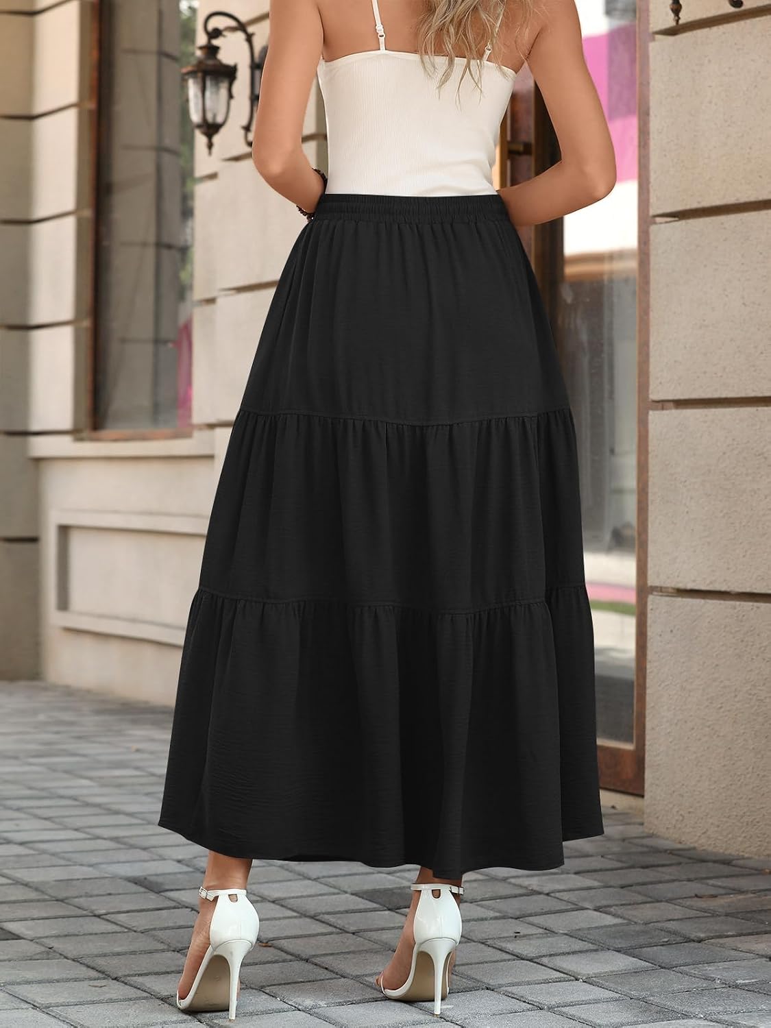 Addtoo Womens Maxi Skirt Pleated Tiered A-Line Elastic Waist Midi Skirt