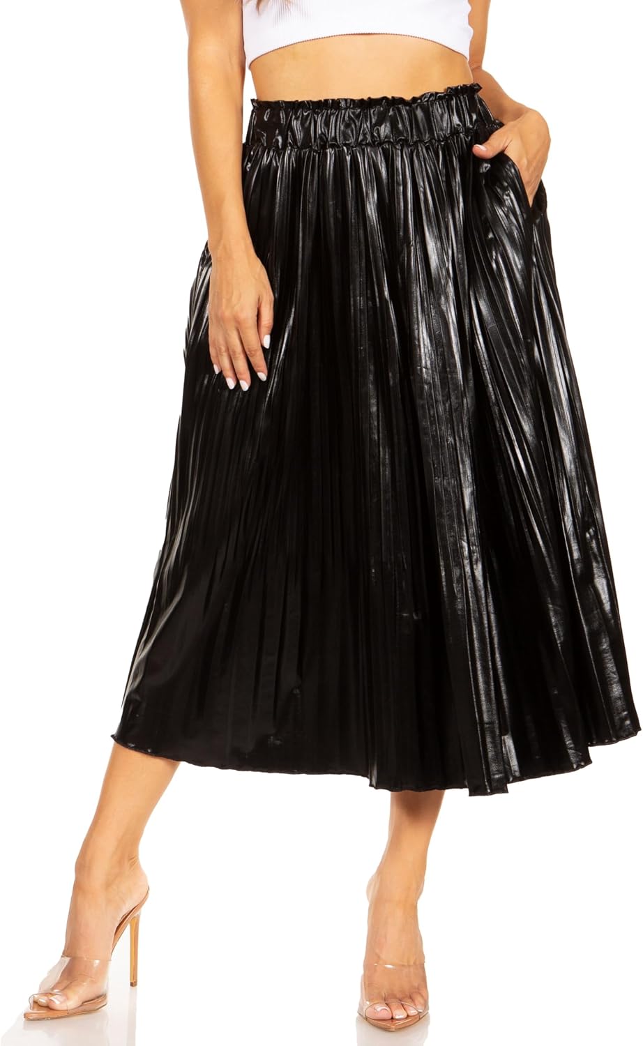 Simlu Pleated Midi Skirts for Women with Pockets, Elastic High Waisted Skirt Reg & Plus Size Womens Summer Skirts Trendy 2023