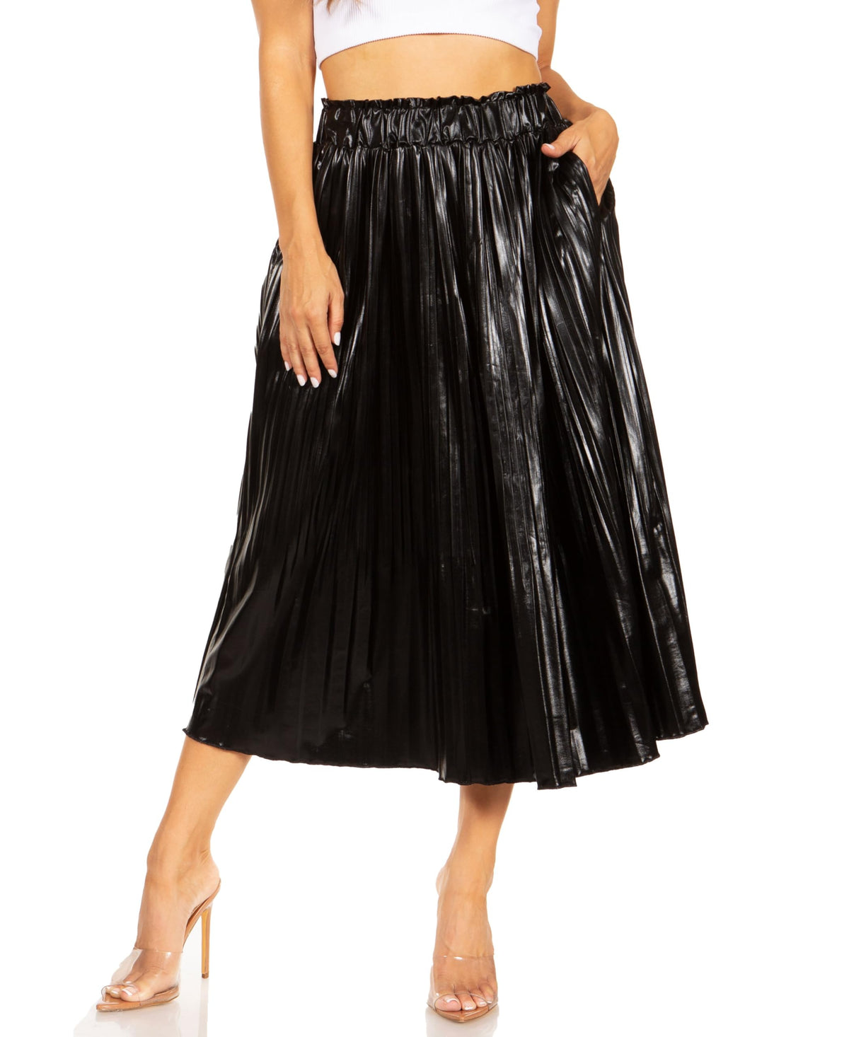 Simlu Pleated Midi Skirts for Women with Pockets, Elastic High Waisted Skirt Reg & Plus Size Womens Summer Skirts Trendy 2023