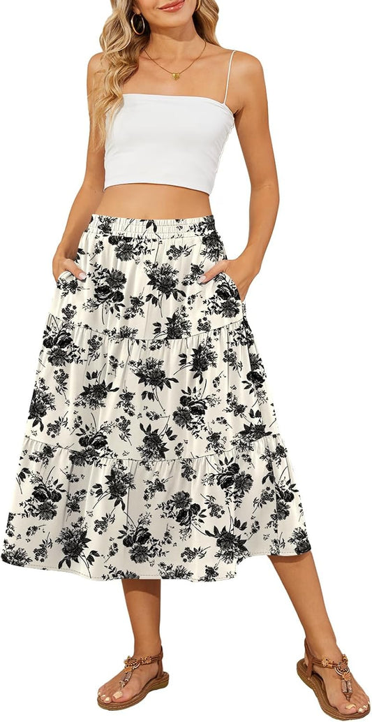 DouBCQ Women's Midi Skirt Flowy Tiered Ruffle High Waist Skirts
