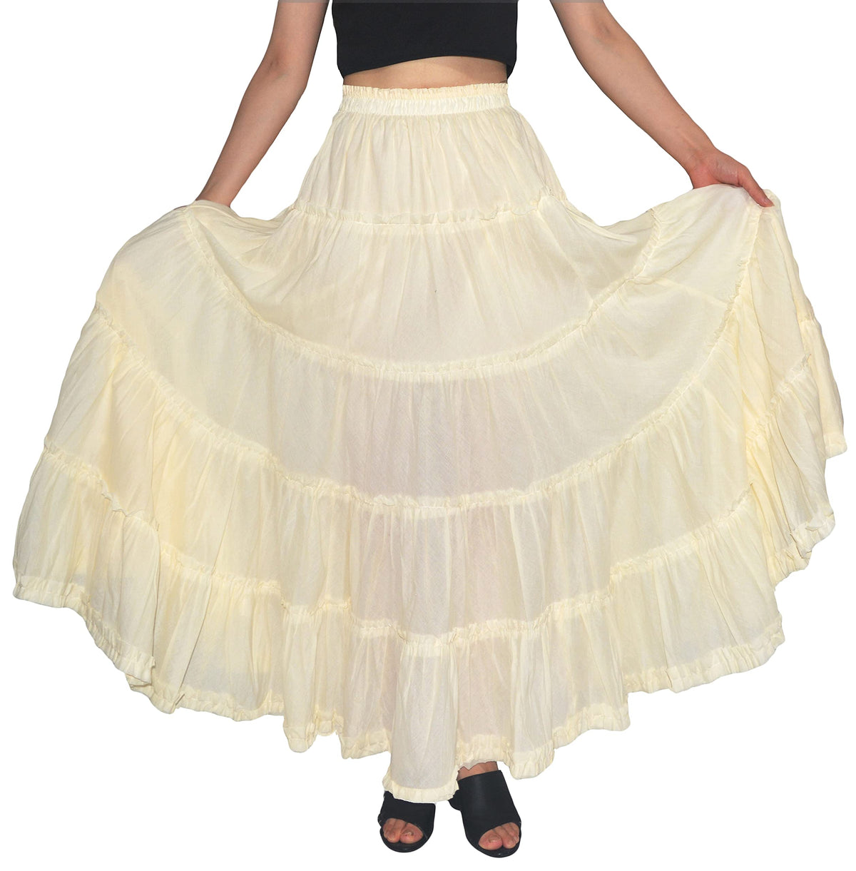 Women's Maxi Skirt Boho Pleated Cotton 5 Tiered Long A-Line Dance Skirts