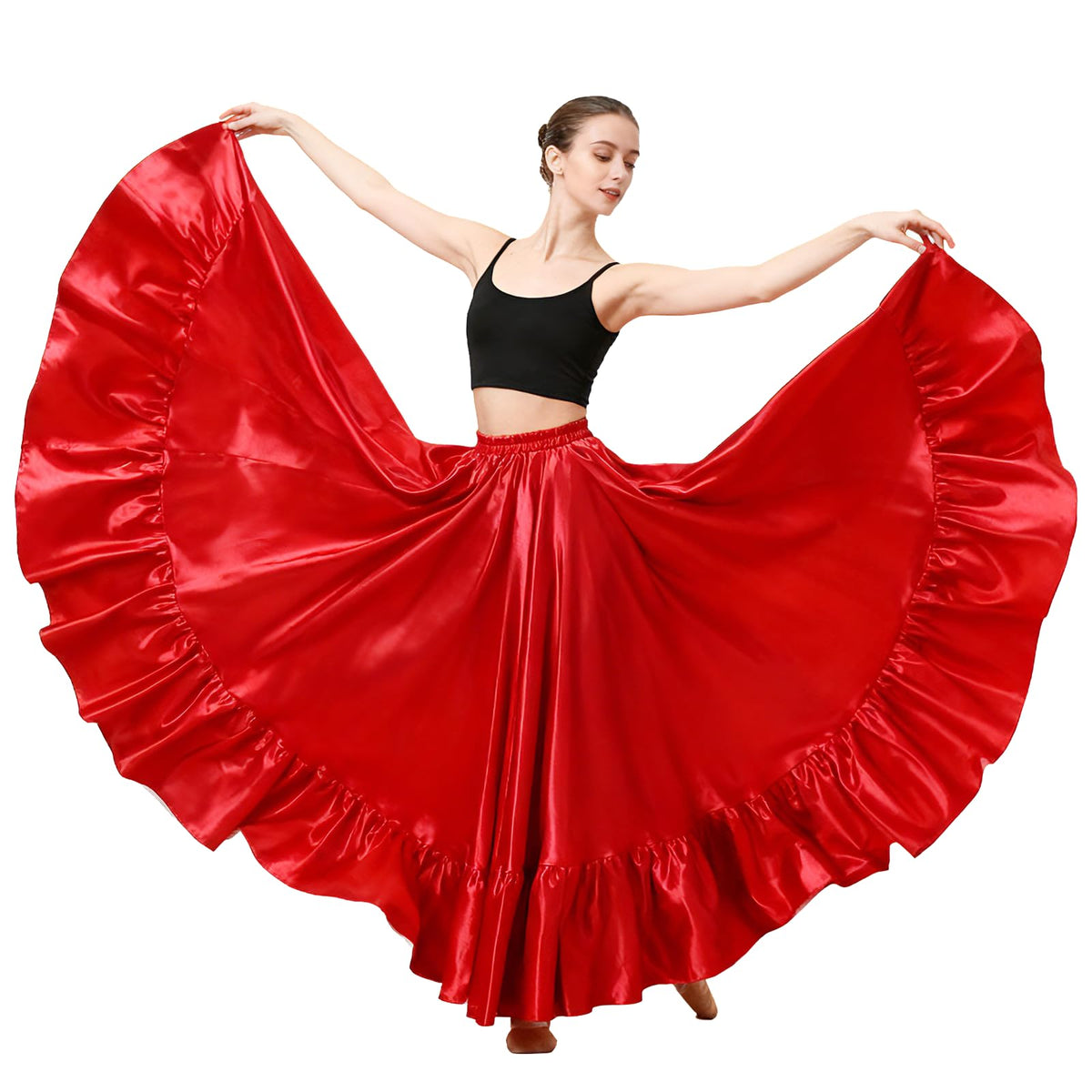 Satin Belly Dance Skirt for Women Maxi Midi Dress Circle Skirt Elastic Waist Stage Performance Holiday Party Dance Skirts