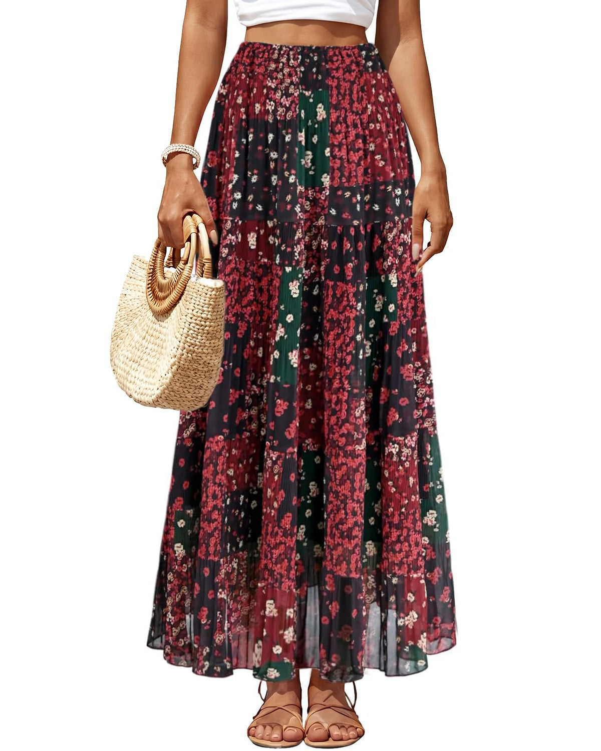 Women's Chiffon Pleated Maxi Skirt High Waist White Long Skirts