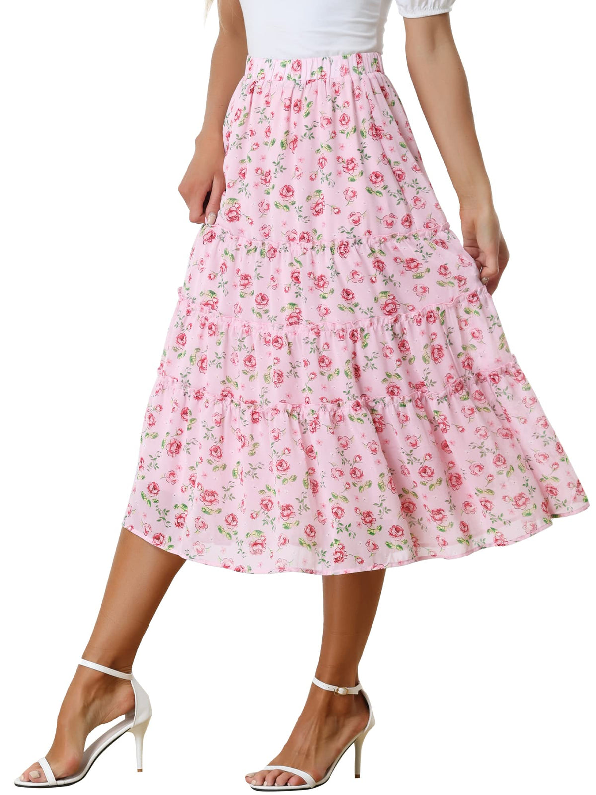 Allegra K Women's Floral Skirt Chiffon A-line Long Tiered Ruffle Maxi Skirt