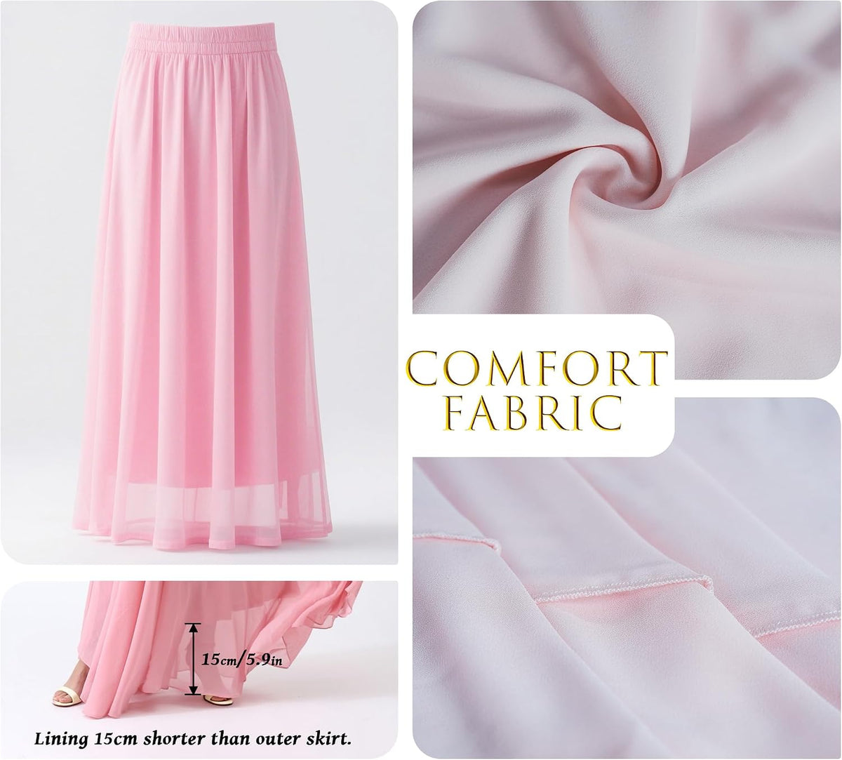 v28 Women Full/Ankle Length Elastic Pleated Retro Maxi Chiffon Long Skirt