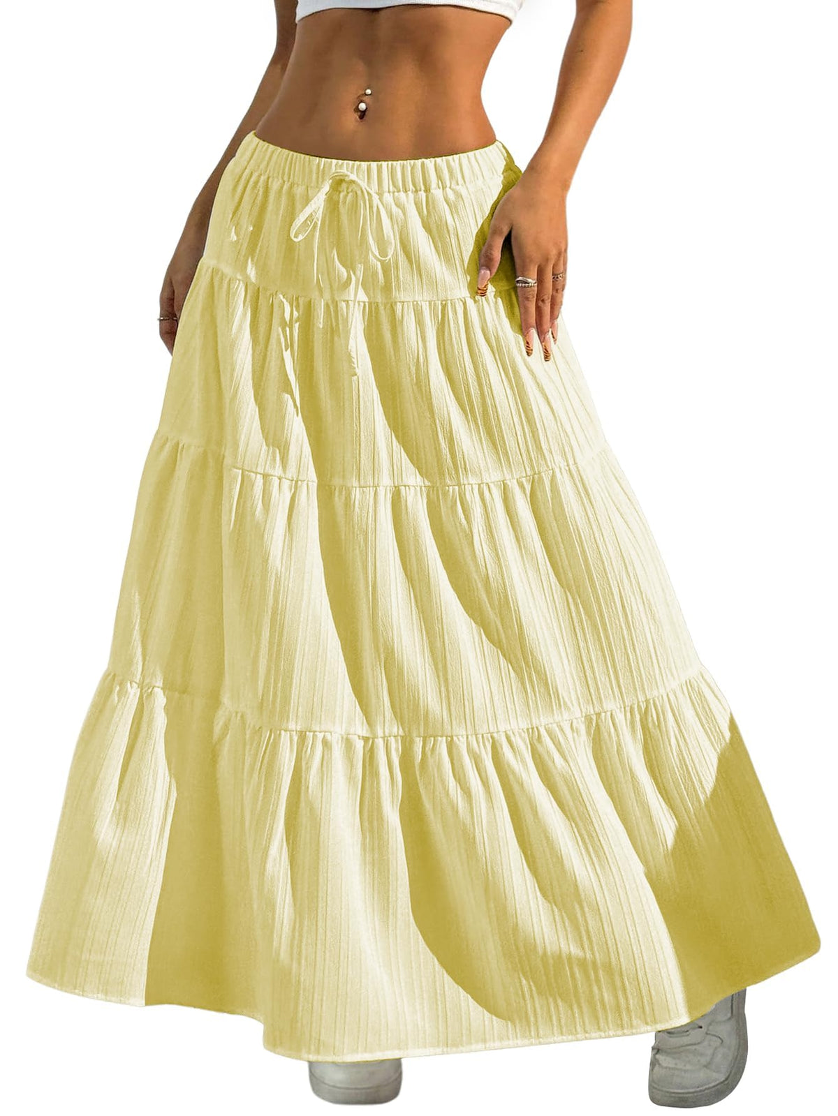 Maxi Skirt for Women Long Boho Flowy Ruffle Elastic High Waist