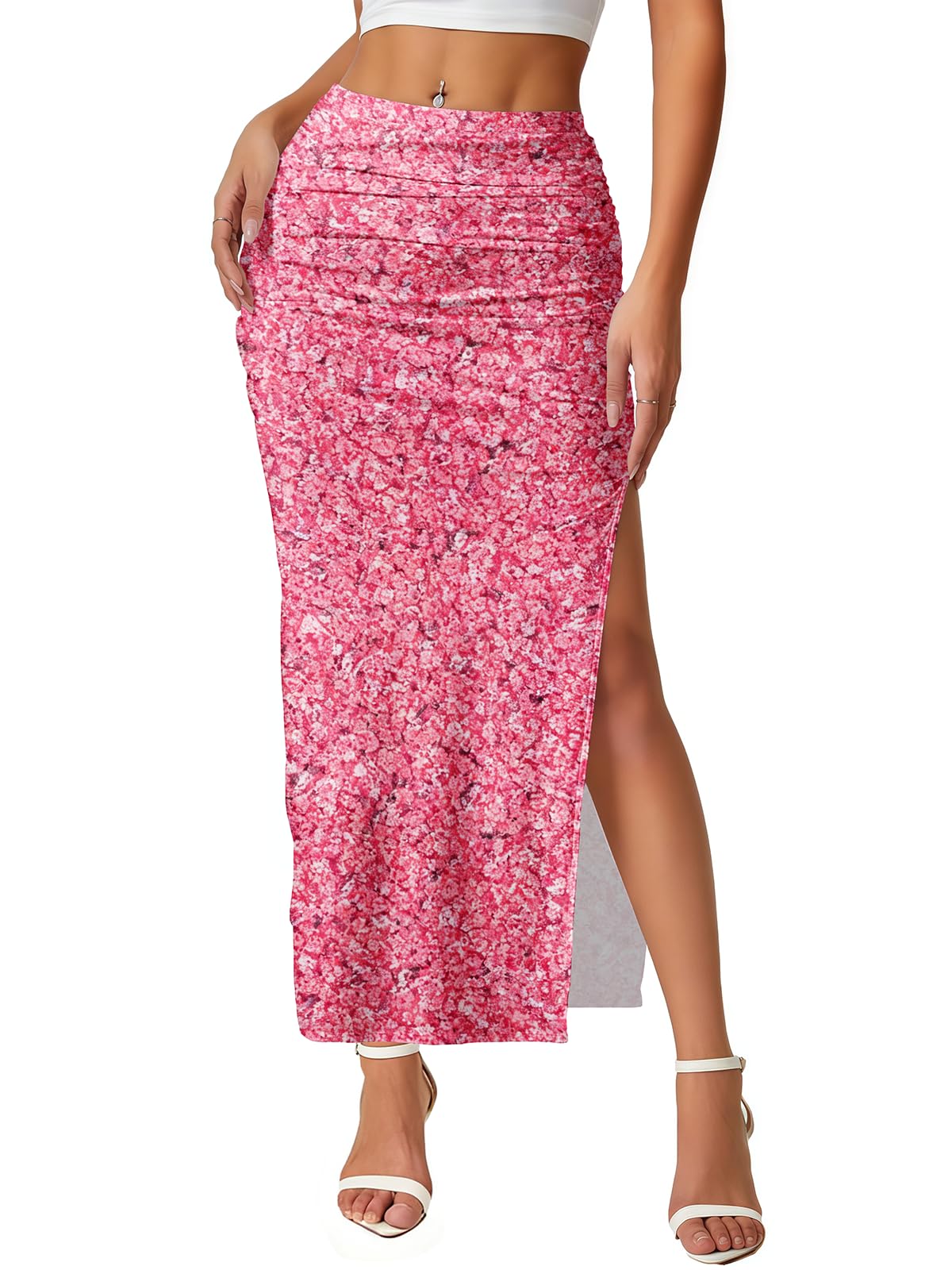 Women's Maxi Skirt Ruched Side Slit Thigh Elegant Bodycon Pencil Skirts