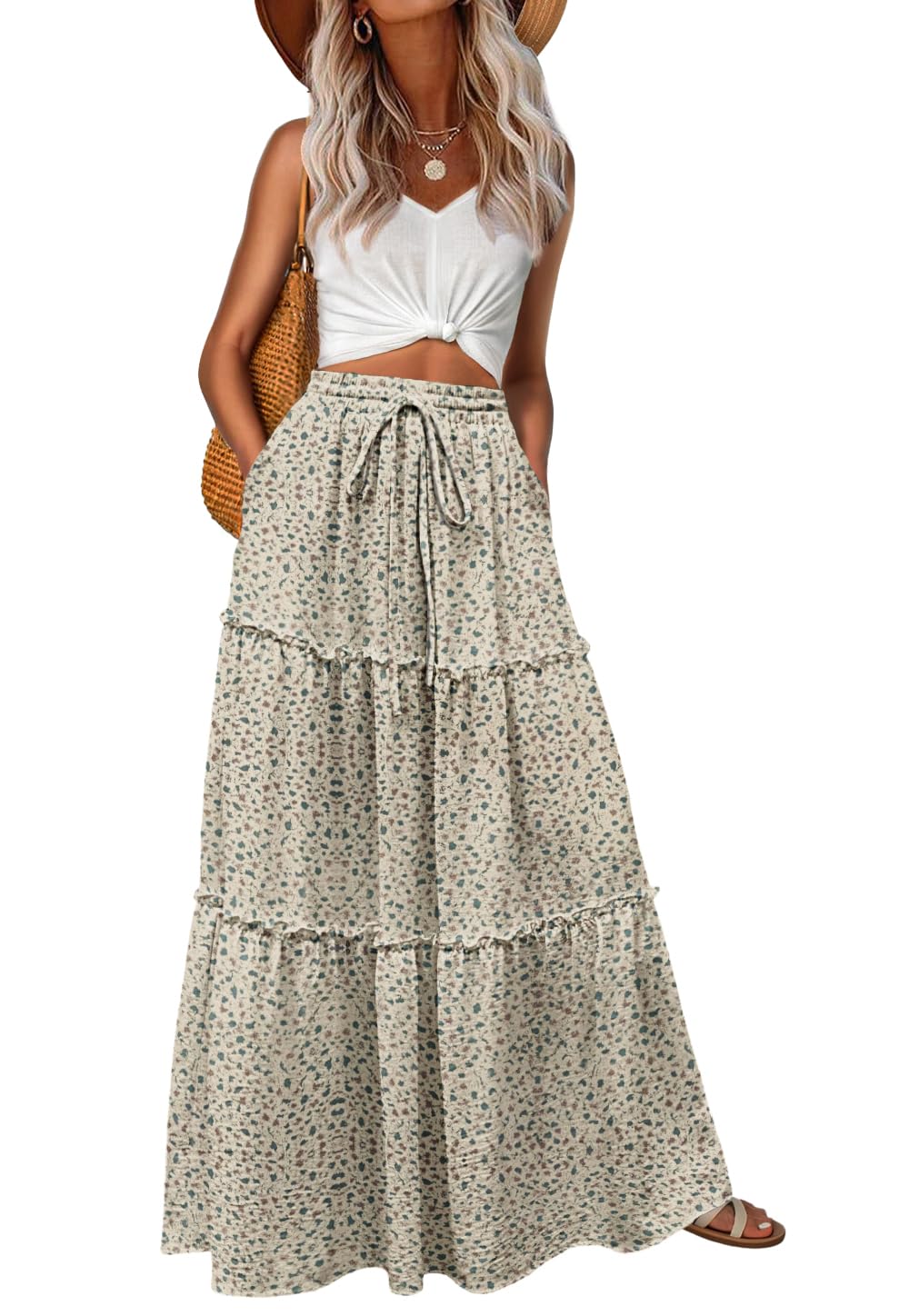 Lepunuo Womens Casual Boho High Waisted Flowy Maxi Skirts Tiered Floral Long Skirts with Pockets for Summer Beach Vacation