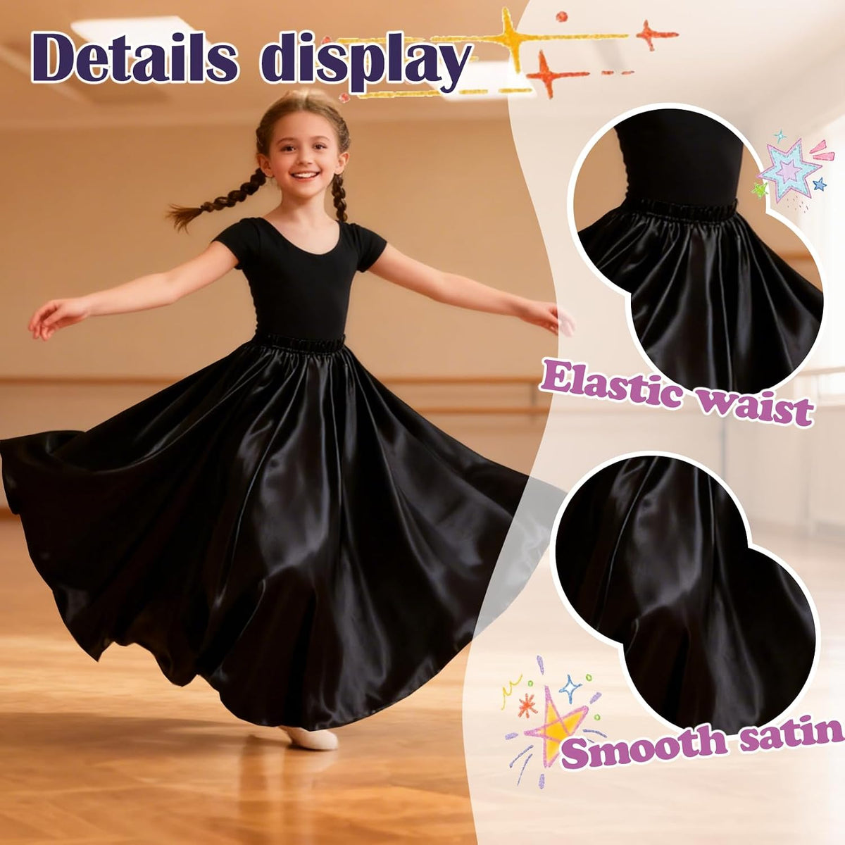 Girls Satin Ankle Length Swing Dance Full Circle Dance Skirt